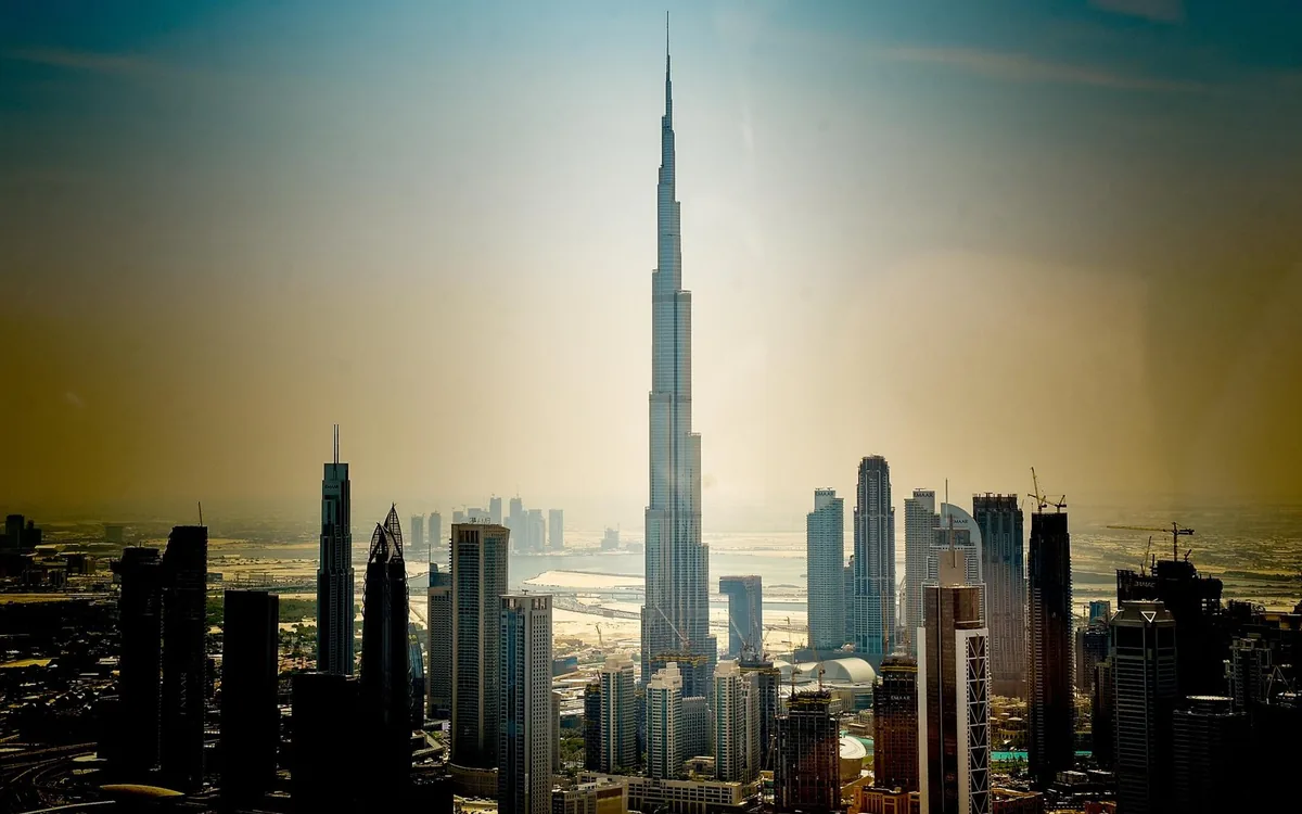 The Dubai skyline and the Burj Khalifa from the air