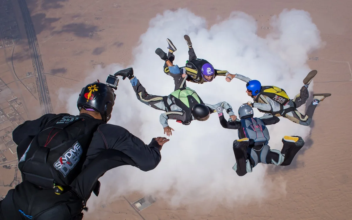Skydivers in freefall high above Dubai