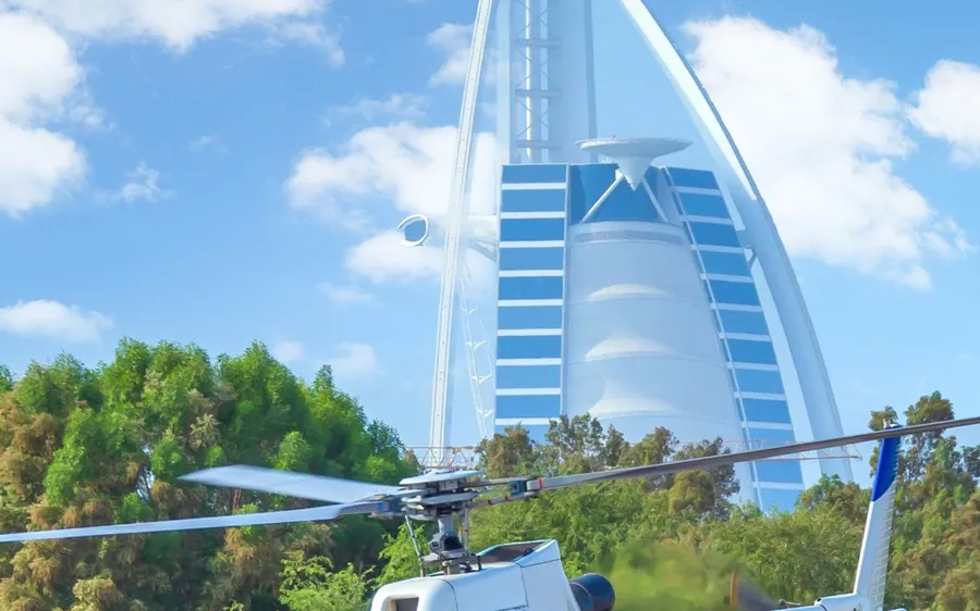 A helicopter in flight beside the Burj Al Arab