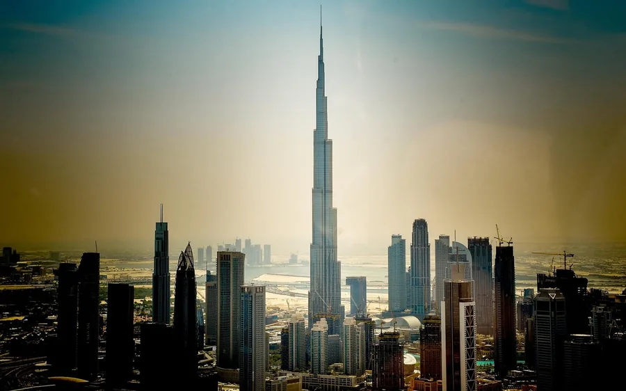 The Dubai skyline and the Burj Khalifa from the air